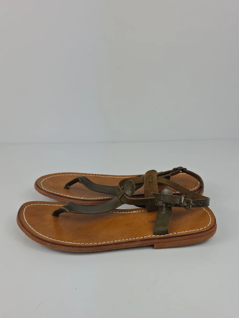 Vintage Homemade Green Olive Leather Unique Foot-Shaped Leather Sandals 8
